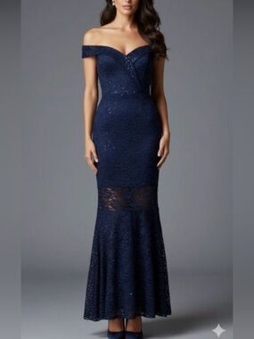 NWT Quiz Navy Sequin Bardot Fishtail Maxi size 6